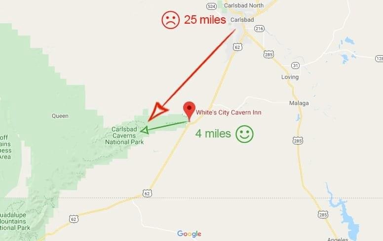 Map Showing Whites City is way closer to Carlsbad Caverns than Carlsbad NM